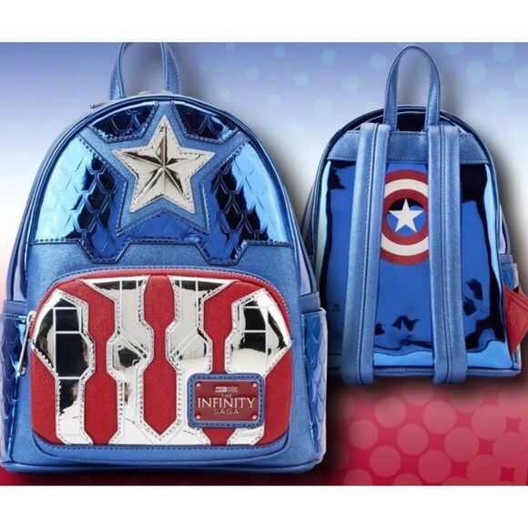captain america cosplay mini backpack Loungefly Marvel Metallic Norman's Hallmark Wield the shield as a Loungefly backpack Captain America Shield US Exclusive
